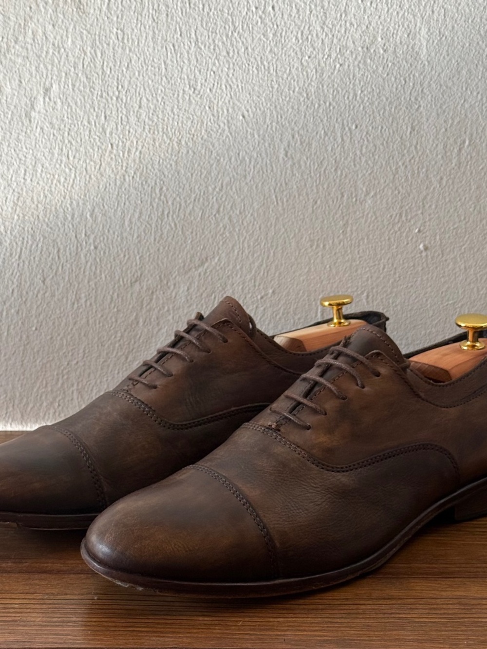 Pratesi Brown Burnished Leather Cap Toe Oxford Dress Shoes Men's EU 45 US 12 Ita
